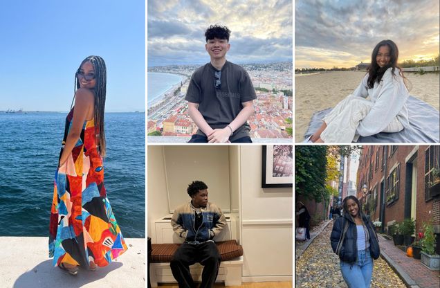 Collage of five different Boston University students. Each picture of them is a solo shot in different locations across the world.