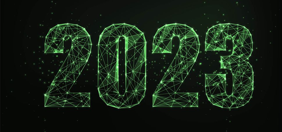 Image: A Modern wire frame mesh design vector illustration of the year "2023". Numbers are depicted with glowing neon green low polygonal digits on black background.
