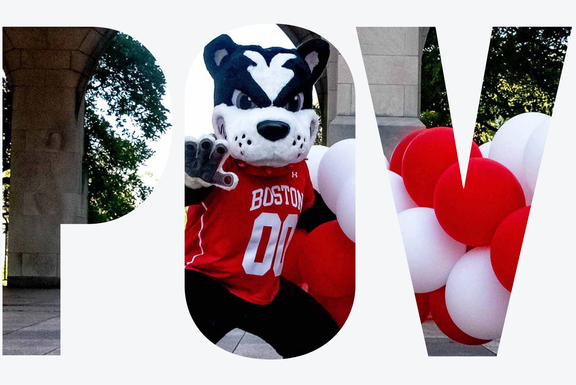 Photo: Rhett, Boston Universitys mascot, holding a bouquet of red and white balloons. There is a text overlay reading "POV"