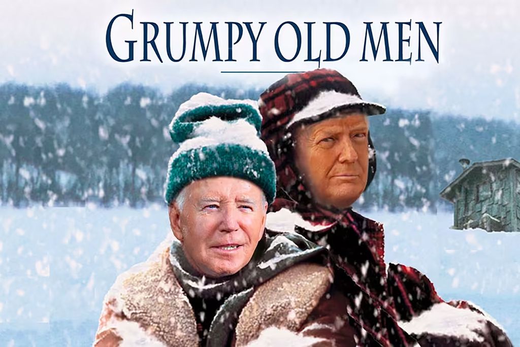 Photo: An ad with Biden and Trump photoshopped on a image of two people sitting out in the snow with the text overlay reading GRUMPY OLD MEN.