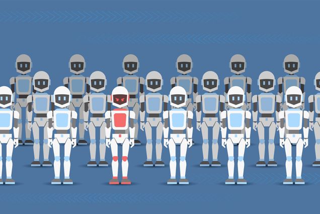 Photo: A crowd of robots stands in a row and one of them is an evil traitor