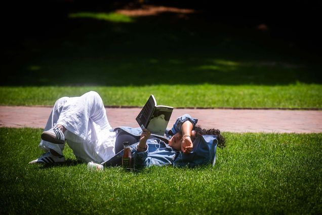 Photo: A picture of a student laying on grass and reading a book