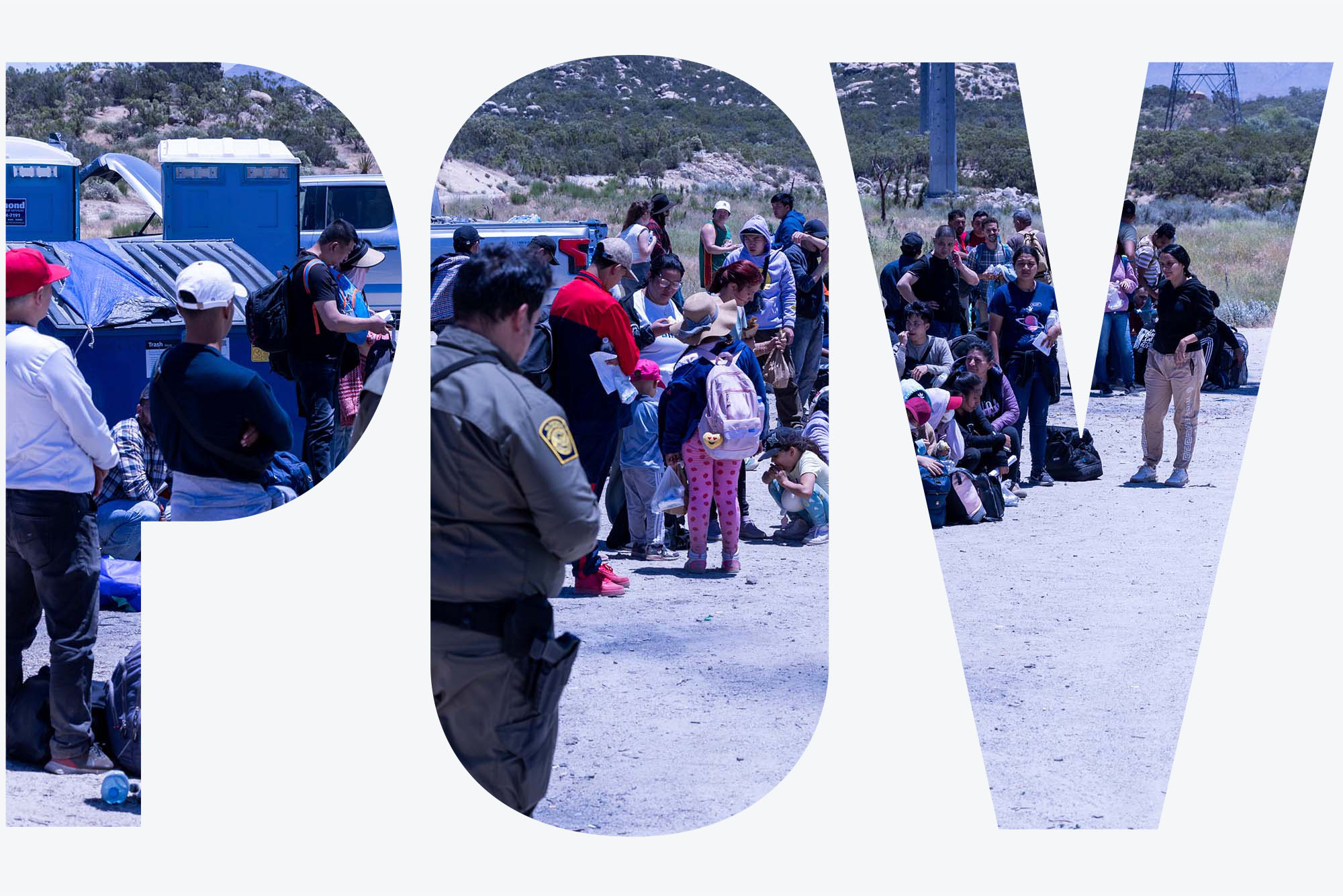 Photo: A border guard at the US Southern border in California processes a large number of asylum seekers in June 2024. The letters POV are overlayed on top of the scene.