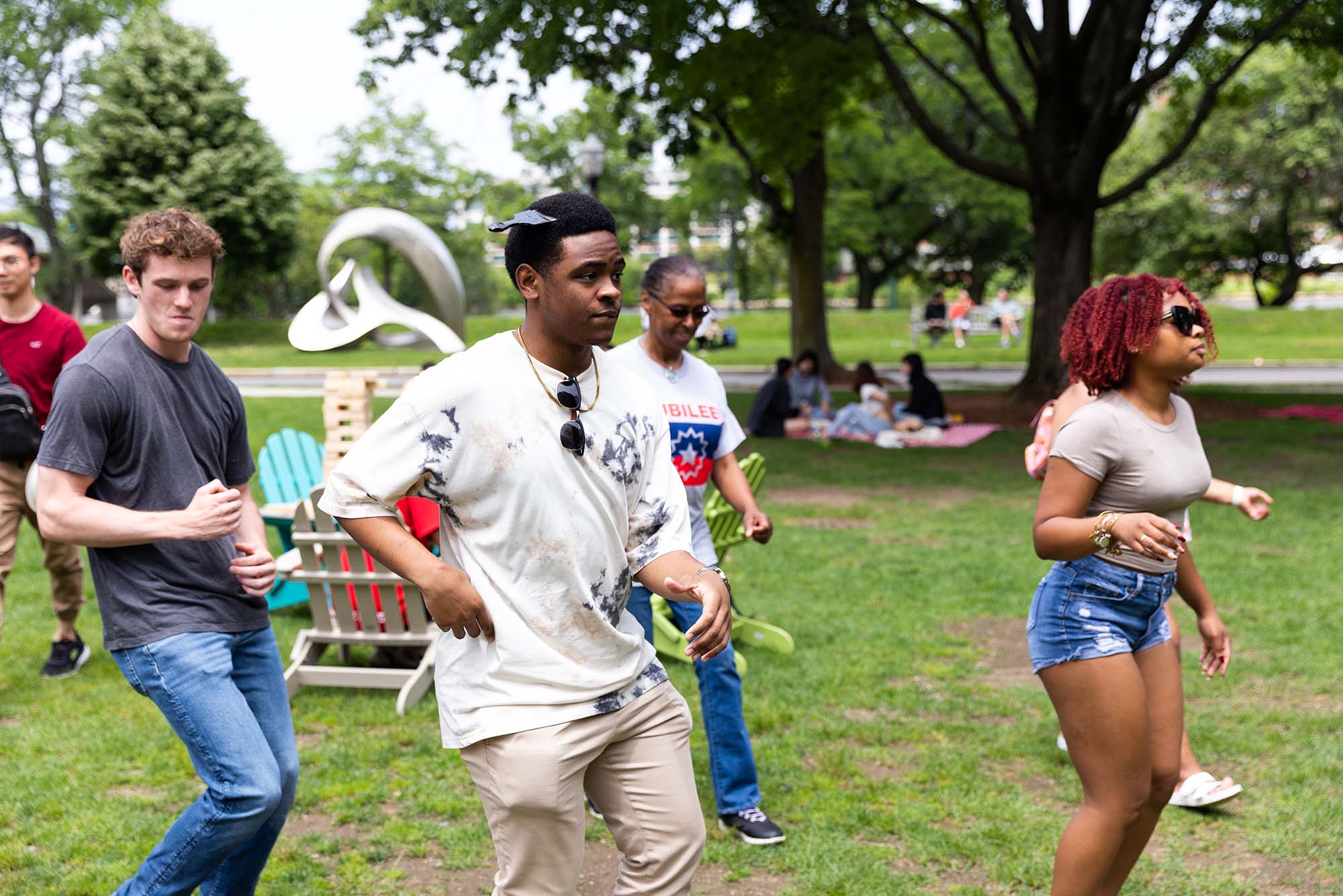Photo: A picture of people dancing on a lawn during a picnic celebration