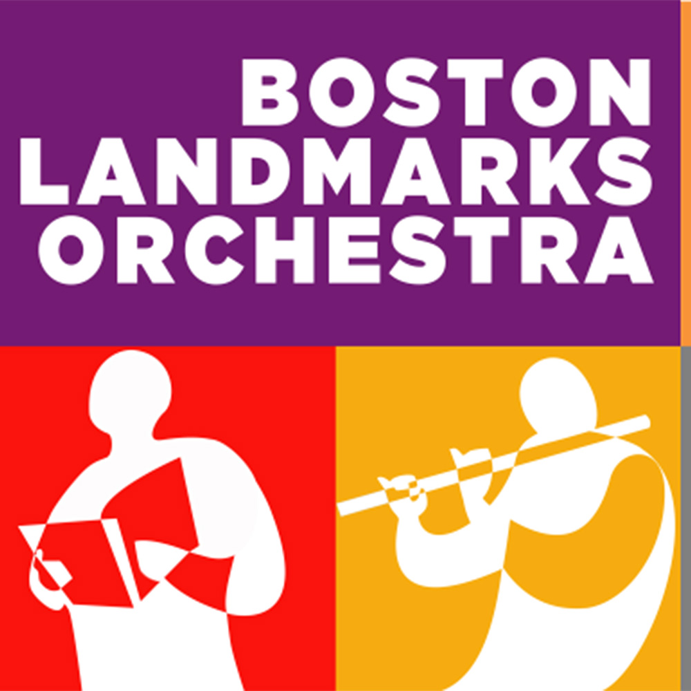 Photo: A picture of the "Boston Landmarks Orchestra" logo. It features purple, orange, red, yellow, and gray backgrounds over drawn silhouttes of orchestra musicians