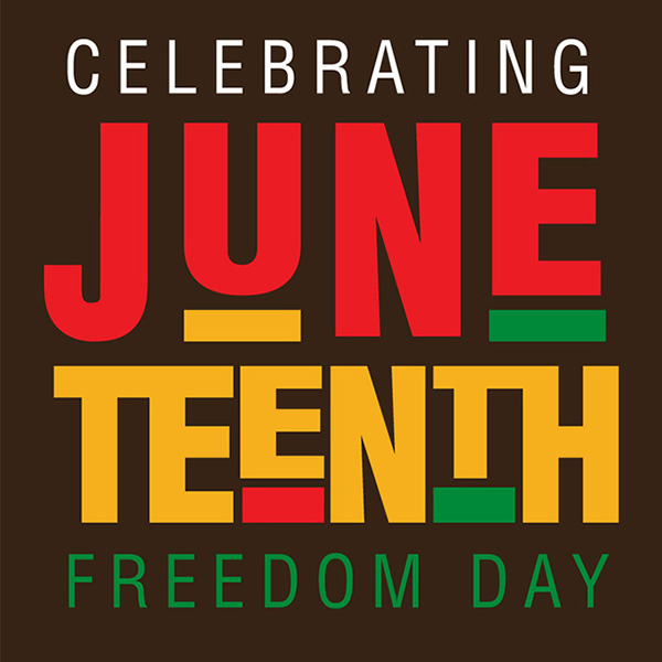 Photo: A picture of a graphic that says "Celebrating Juneteenth Freedom Day" with font colors and silhouettes featuring the colors red, yellow, and green