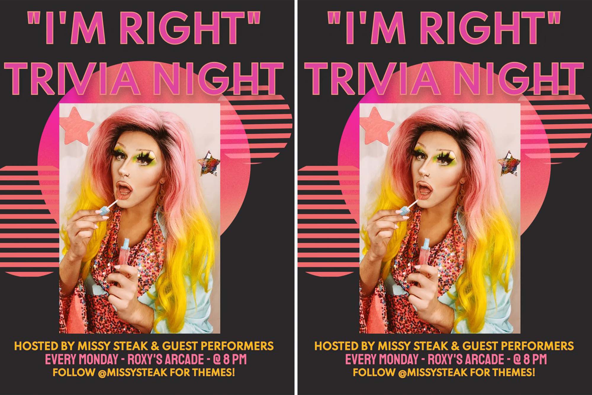 Image: A composite image of an advertised poster for a drag trivia night at Roxy's Arcade. A Drag performer poses ontop of a black background with bright neon lettering and shapes.