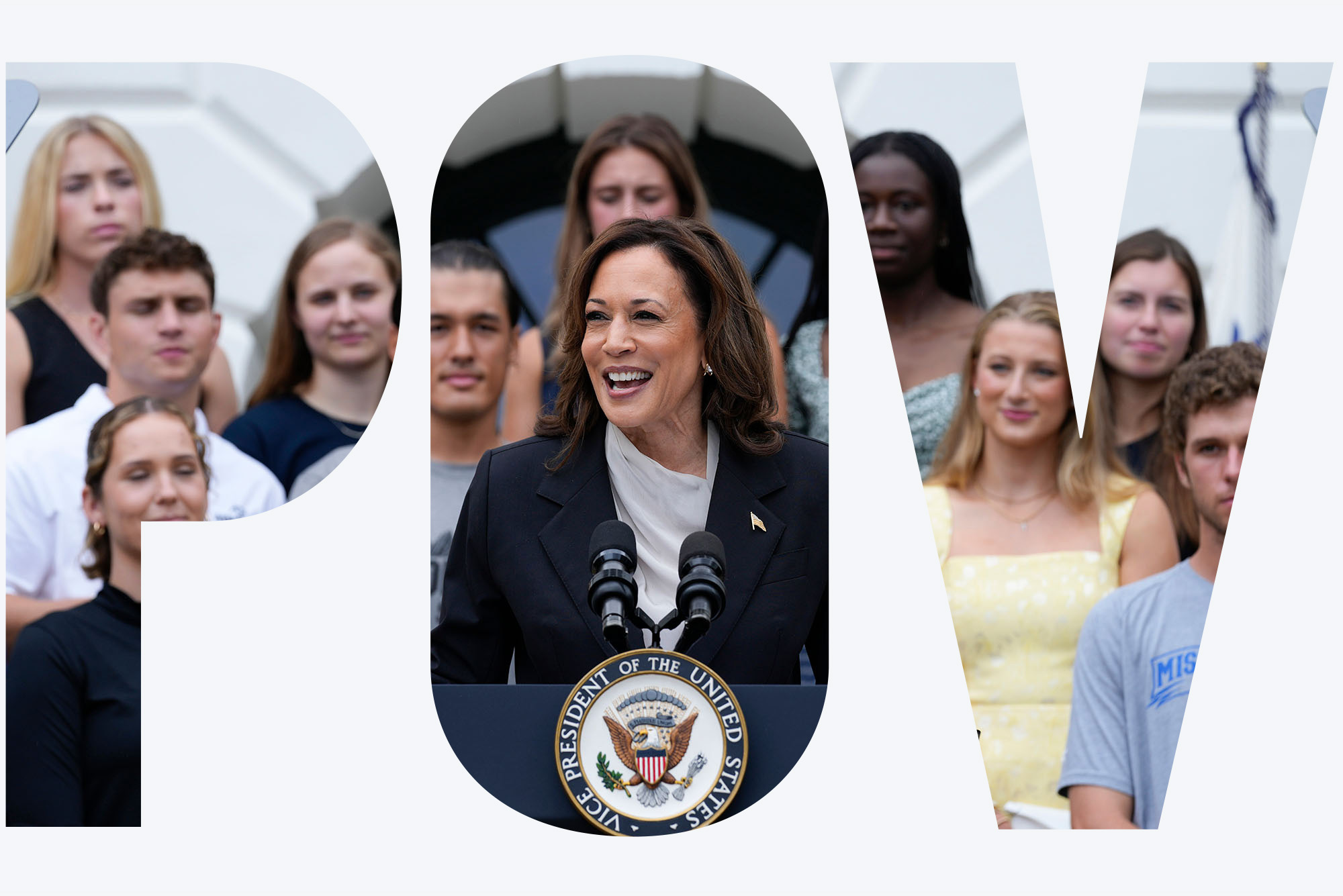 Photo: Kamala Harris, the vice president of the united states, standing in front of a large group of College Athletes at a recent speech on July 22, 2024. The image has the letters "POV" masked on top in white