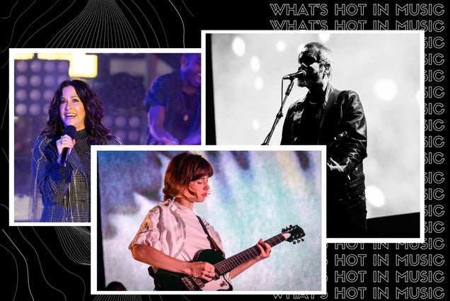 Photo: A composite image of Alanis Morisette, Clairo, and Cigarettes after Sex. The background of the image has the text "What's Hot in Music"