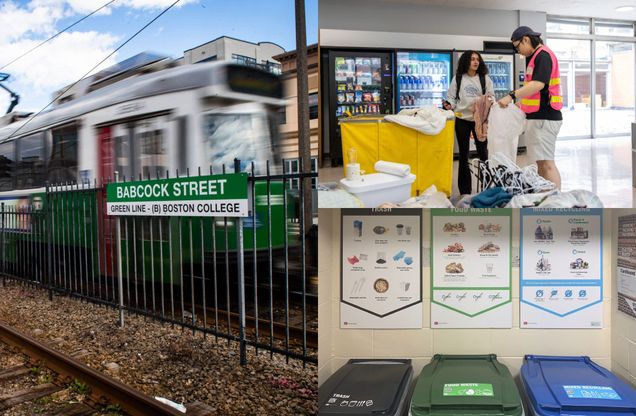 Photo: A collage of three images depicting various urban scenes. The top left image shows a moving tram with ‘Babcock Street Green Line B Boston College’ sign in the foreground, indicating a tram stop. The top right image displays two individuals wearing masks inside a store, one behind a counter with snacks and beverages, and the other wearing a high-visibility vest. The bottom left image features a table covered with white cloth displaying food containers and disposable utensils, suggesting an event or gathering. The bottom right image presents recycling bins labeled ‘Paper,’ ‘Cans & Bottles,’ and ‘Trash’ next to an informational poster about waste sorting.