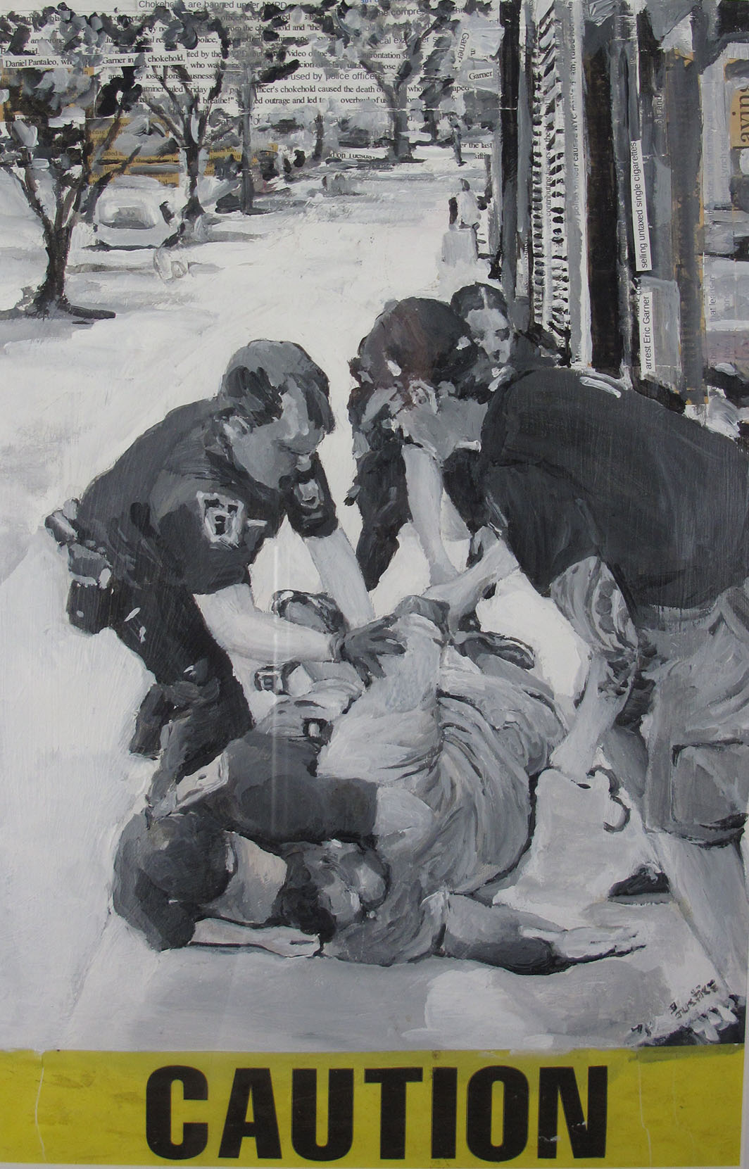 Illustrative depiction of the murder of Eric Garner, with police officers piling on top of a black man. The art style is black and white with significant blurred/artistic/stylistic choices