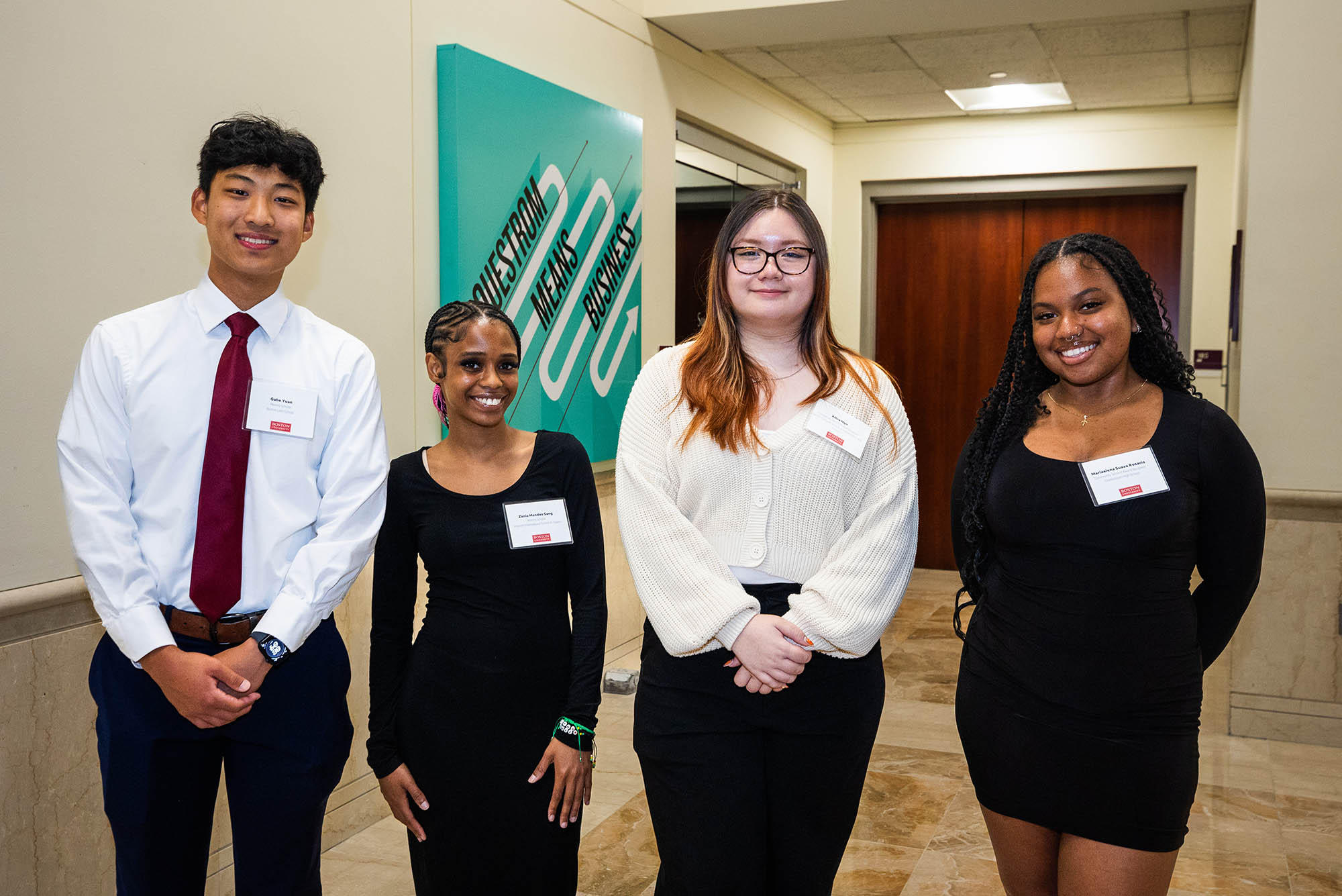 Photo: (from left) Gabe Yuan (CAS'28), Zania Mendes Sang (SAR’28), Alina Ngo (CAS'27) and Mariaelena Suazo (CGS’26, SAR’28) were among this year’s class of Menino Scholars and Community Service Award winners.