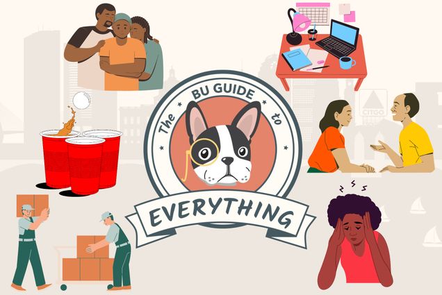 Illustration of a boston terrier inside of a graphic reading "The BU Guide to Everything" and surrounded by images of students and parents moving into college