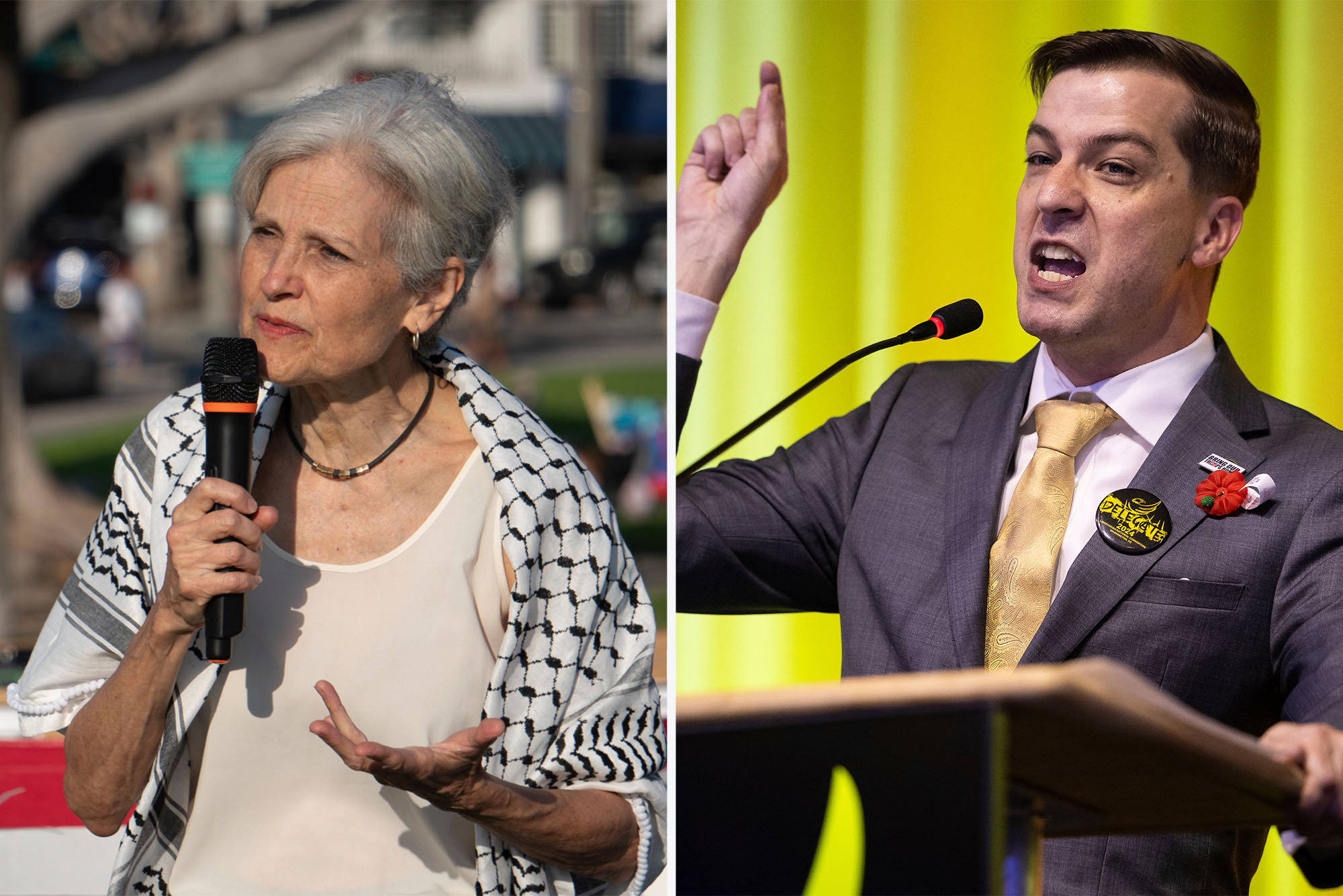 Side by side photo of Jill Stein and Chase Oliver, both speaking at recent rallies