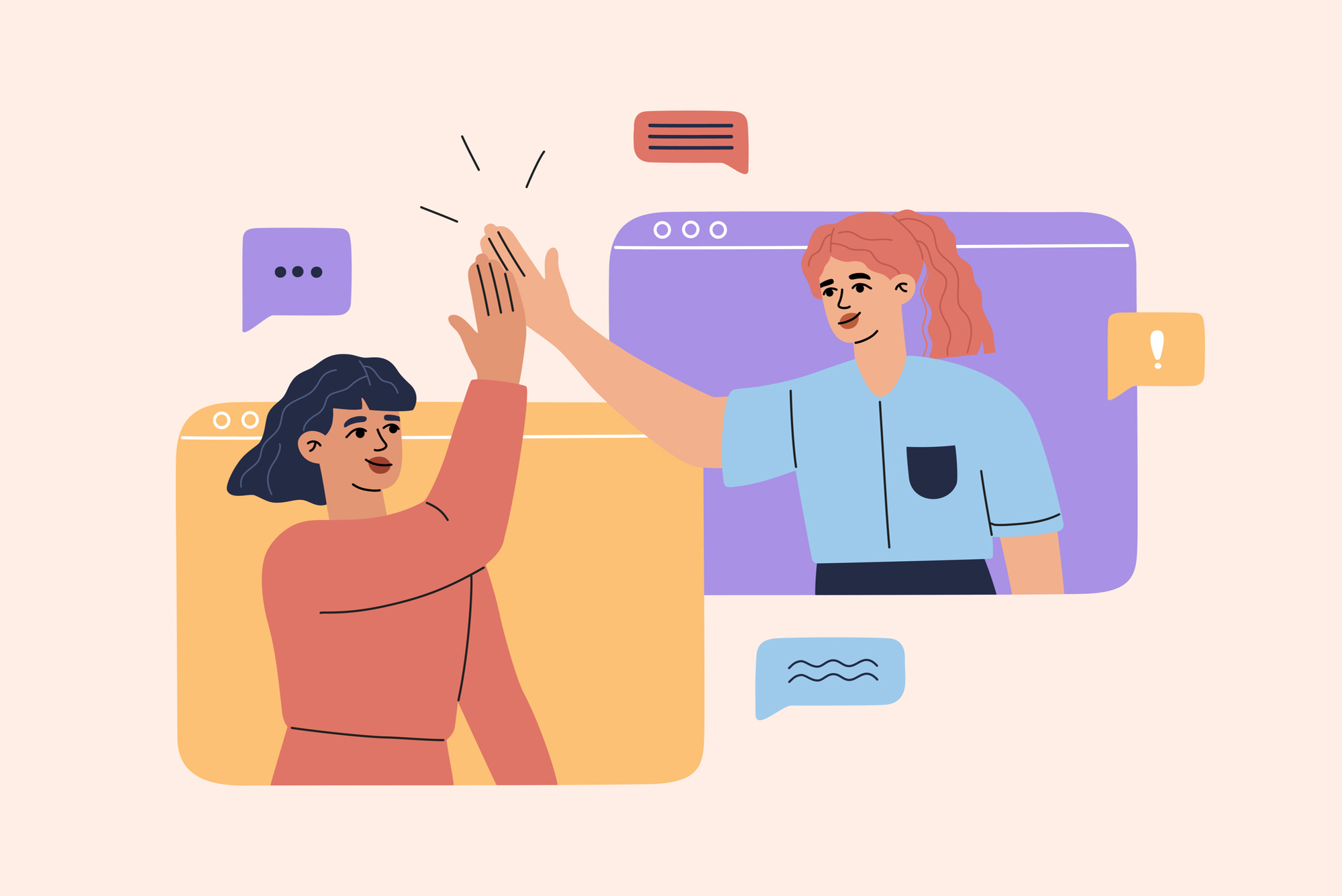 Photo: An illustration with two girls highfiving as they reach through online chat bubbles