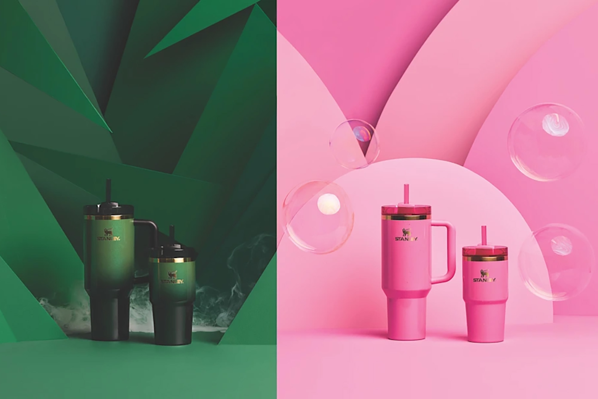 Photo: A composite photo of two promotional Stanley cups, one green and one pink, for Wicked.