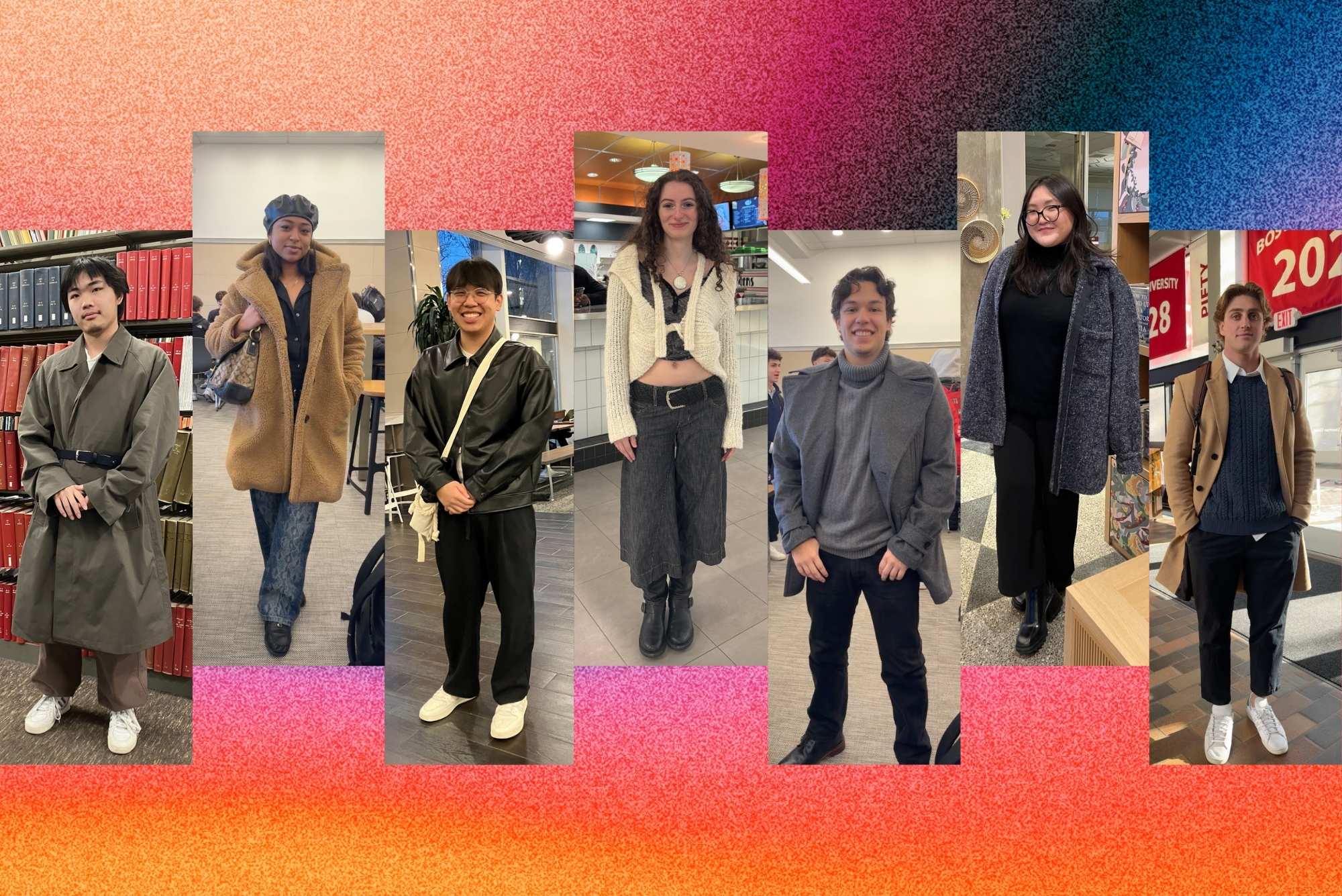 Photo: A composite image of six students with various different outfits on posing for a photo. Each photo is cropped in a vertical fashion, overlayed on top of a multi-colored grainy gradient.