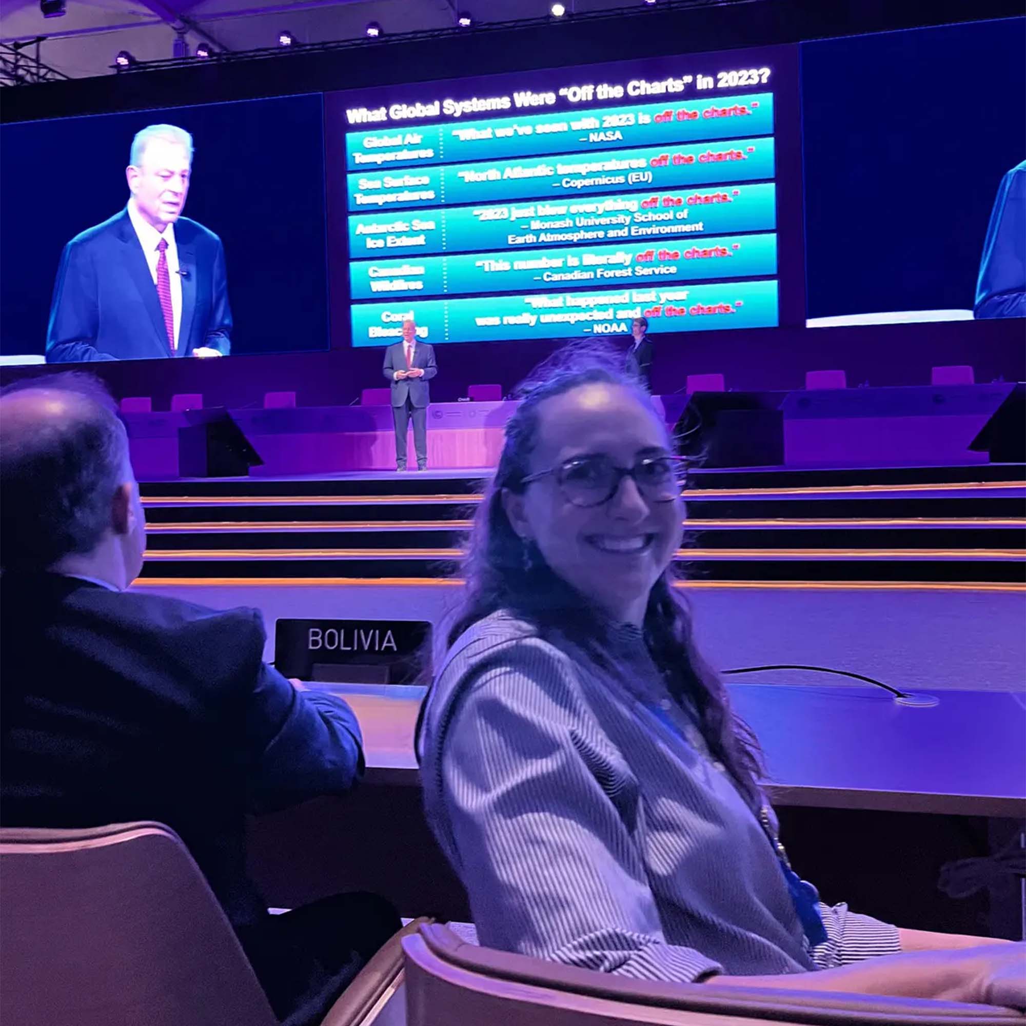 Photo: Mira Kelly-Fair (GRS’22,’27) attended a talk by former US Vice President Al Gore during the first week of COP 29. Photo by Leah Dundon 