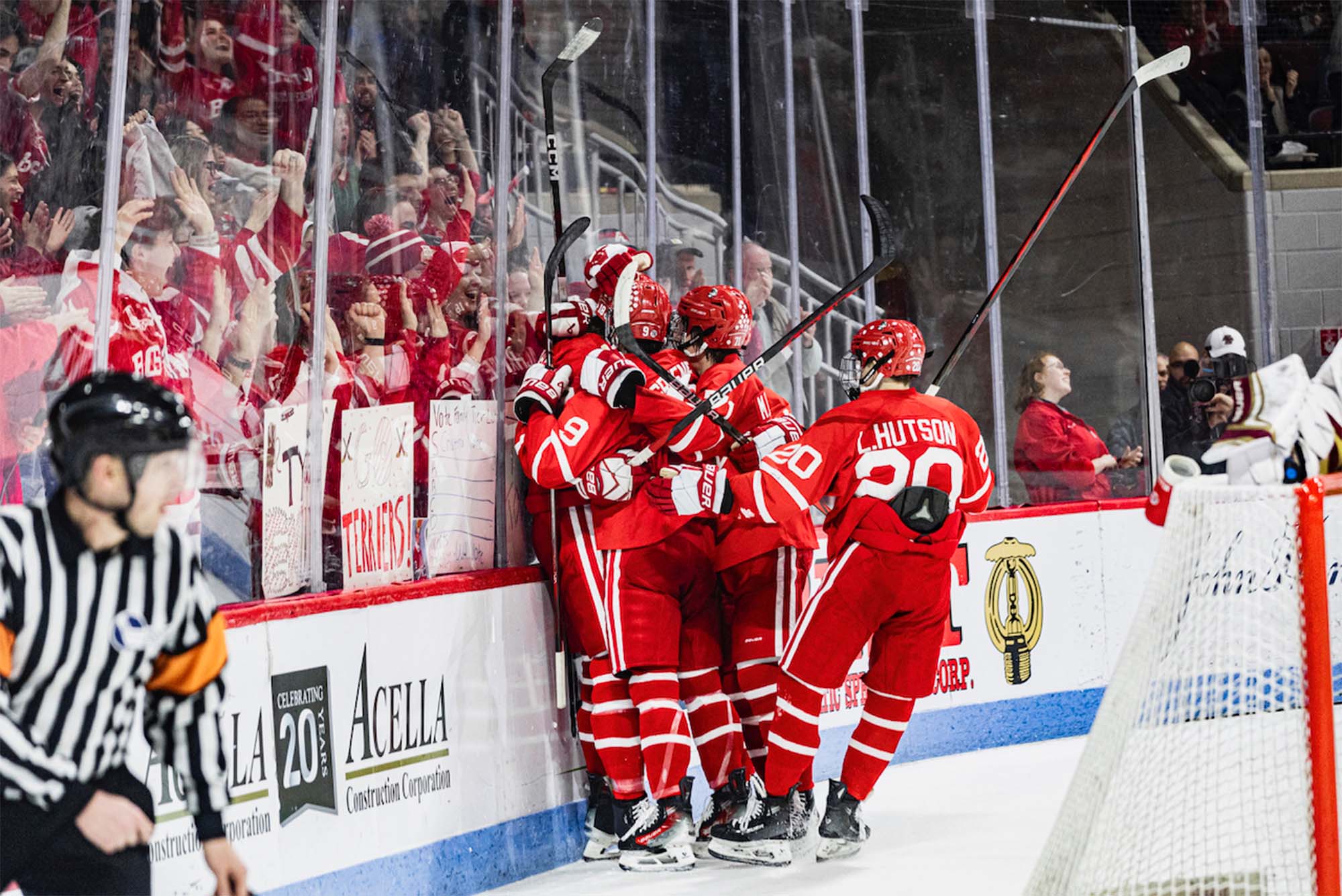 Photo: Terrier Men's Hockey players celebrating after scoring against Boston College on January 27. BU dropped back-to-back games to BC