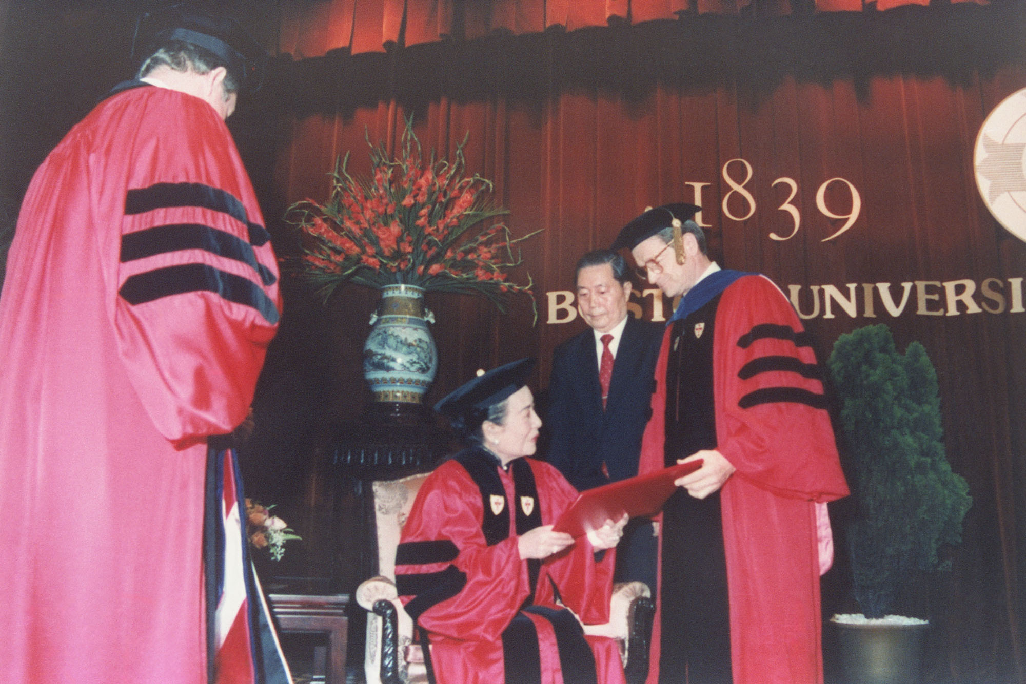 Photo: Soong Mayling receiving an honorary degree in 1989 from BU President John Silber