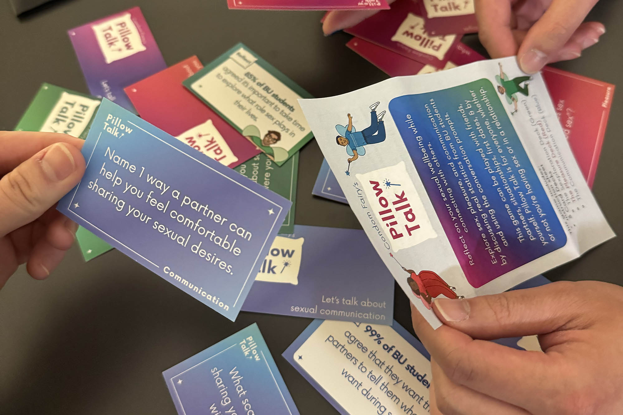 Photo: Question cards from BU SHS's "Pillow Talk" card game