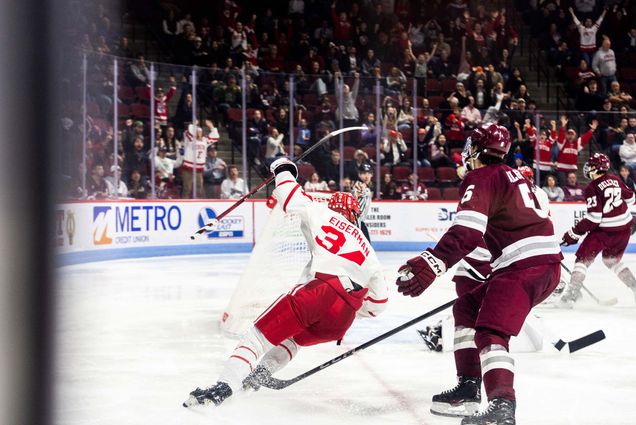Photo: BU Men's Hockey player Cole Eiserman (CAS’28) celebrating his game-winning overtime goal in the Hockey East quarterfinals at Agganis Arena March 15