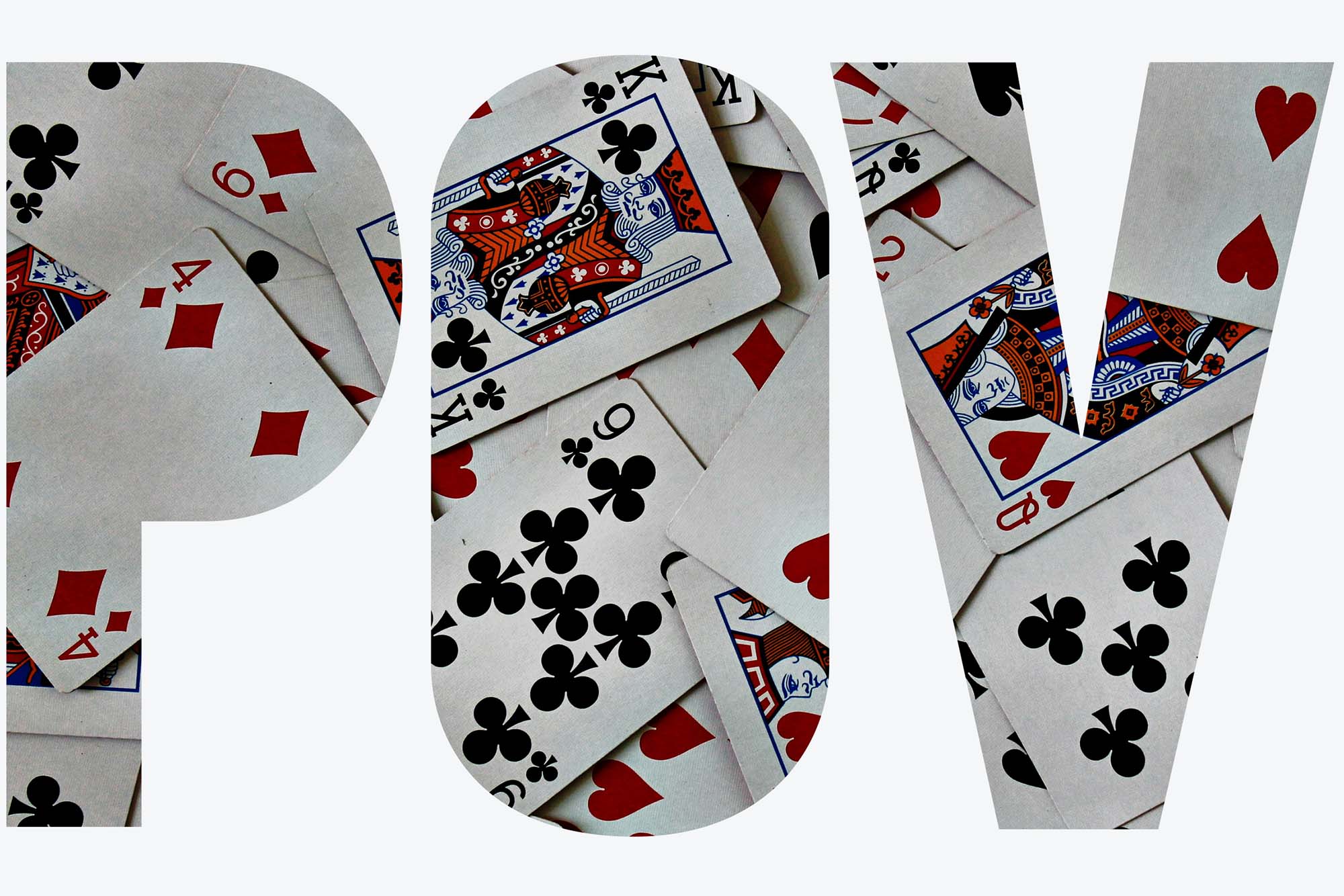 Photo: A deck of cards scattered across a table. Text overlay reads "POV"