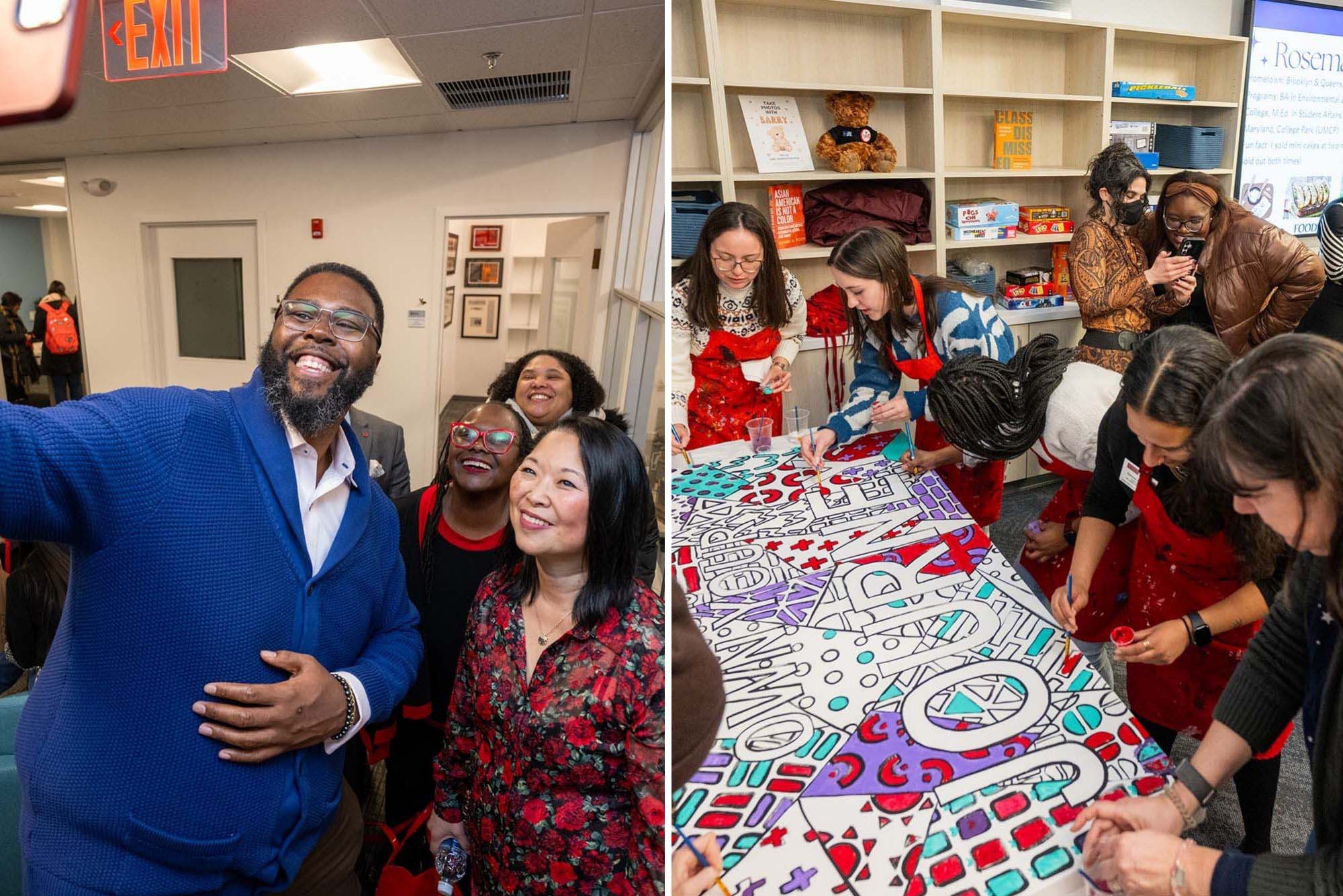 Photo: A composite image of two different photos. On the left, a group of people are taking a selfie. On the right, a group of people are coloring a large art project
