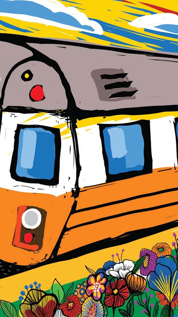 Photo: A digitial sketch of an orange train with flowers alongside its tracks. The train has "Malden" on its front
