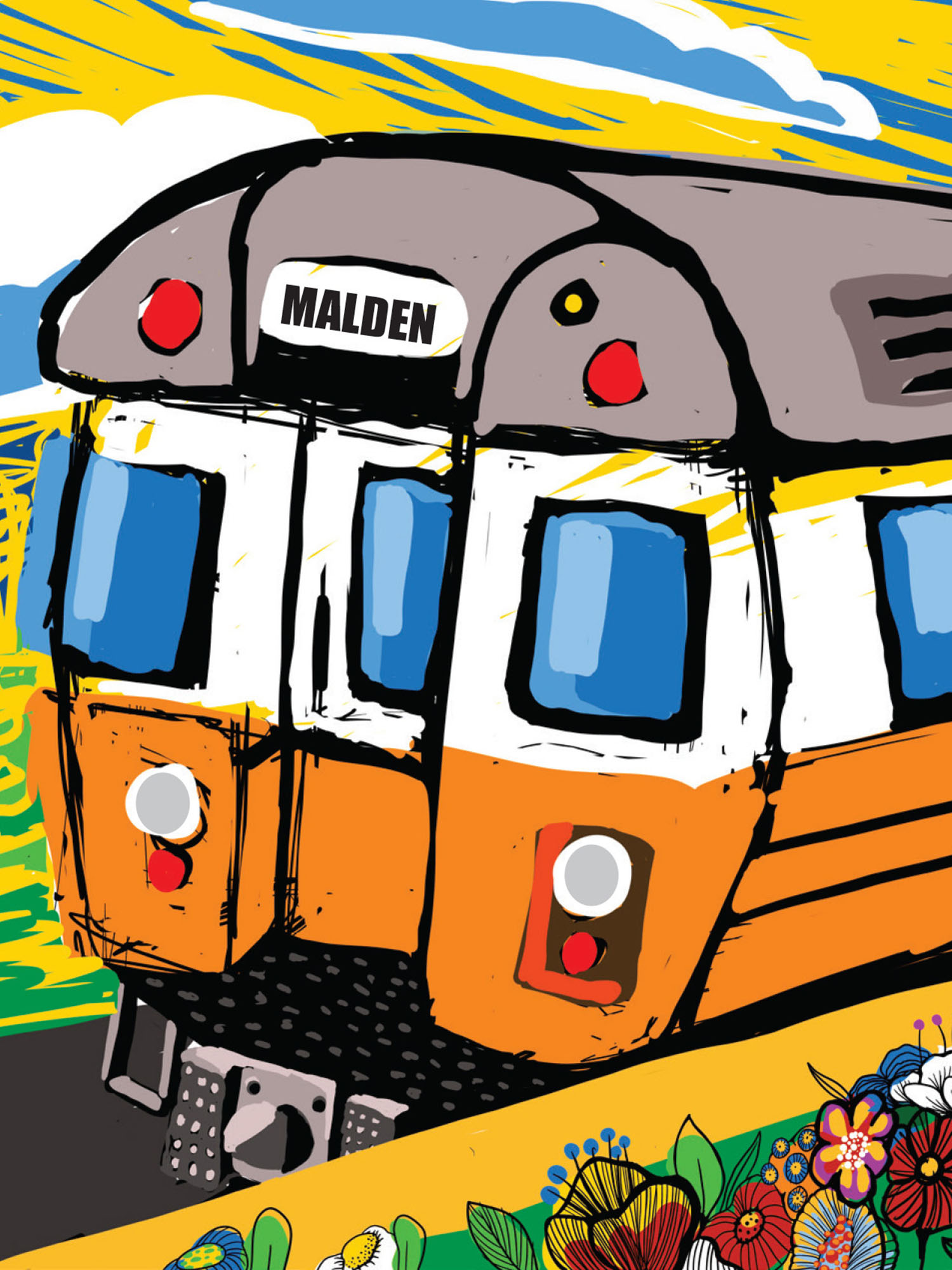 Photo: A digitial sketch of an orange train with flowers alongside its tracks. The train has "Malden" on its front