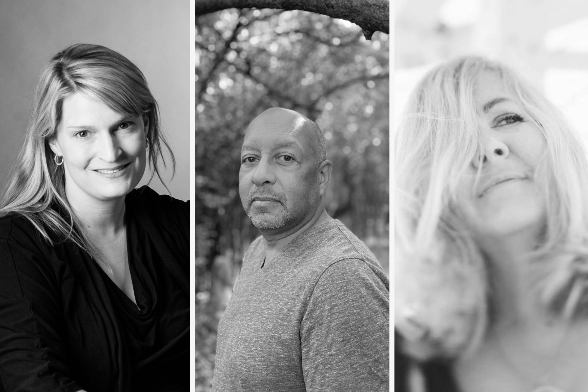 Photo: A black and white composite image of three poets: Maggie Dietz, Carl Phllips, and Erin Belieu.