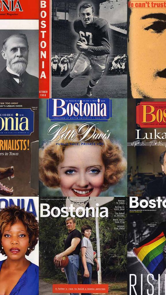 Photo collage of covers over the years for the magazine Bostonia
