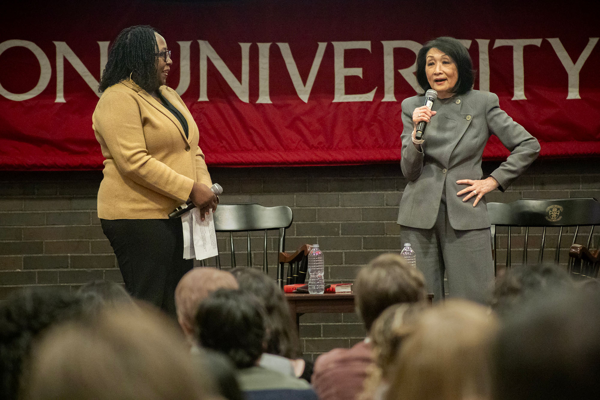 Photo: Connie Chung (right) benig interviewed on stage by Meghan Irons (left)
