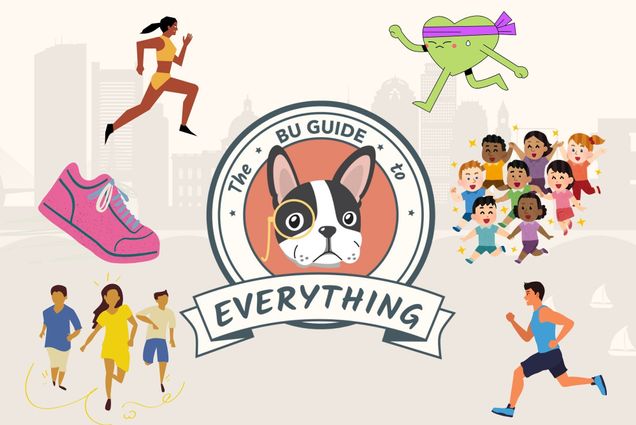 Photo: A graphic that reads THE BU GUIDE TO EVERYTHING with various running graphics around the image.