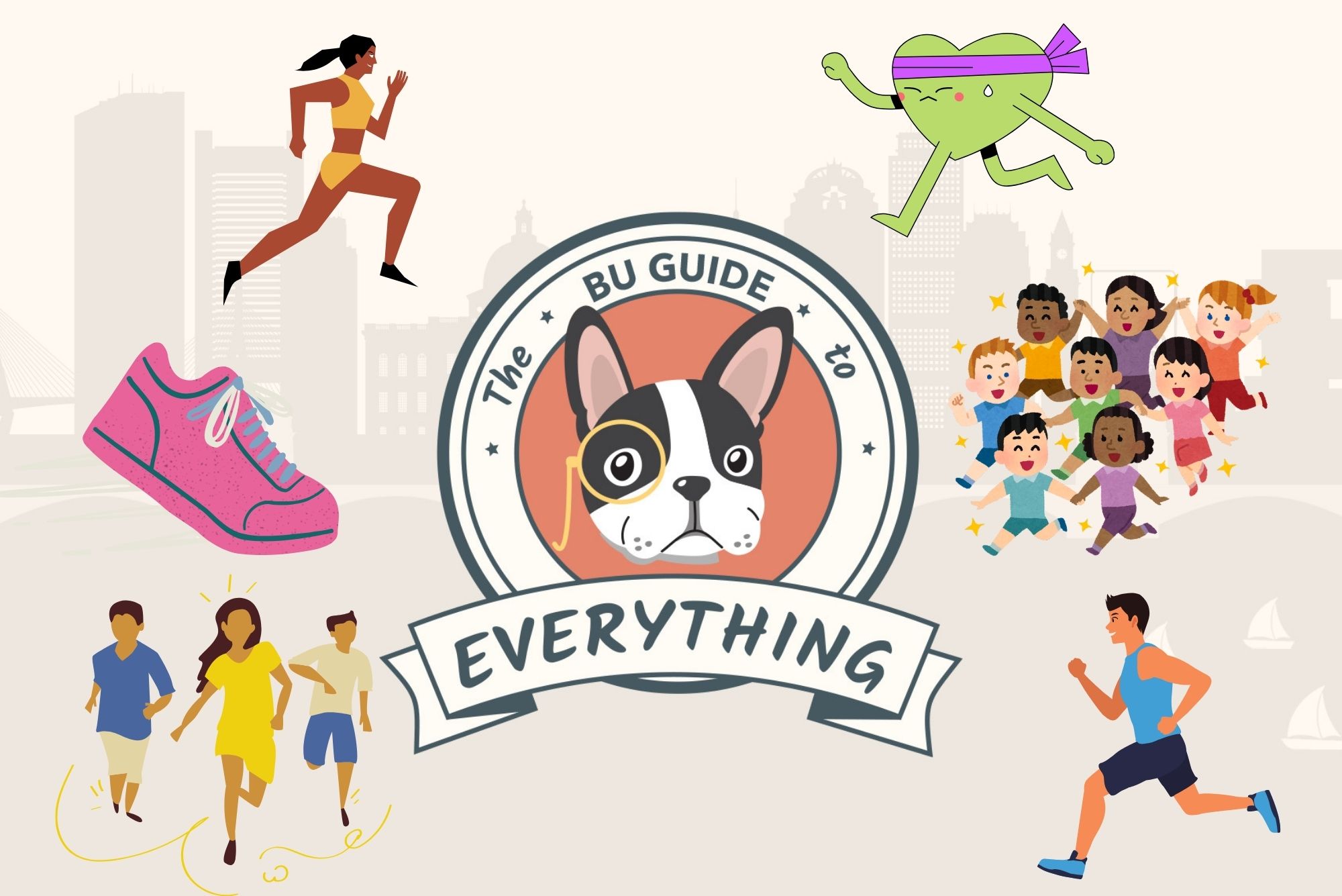 Photo: A graphic that reads THE BU GUIDE TO EVERYTHING with various running graphics around the image.