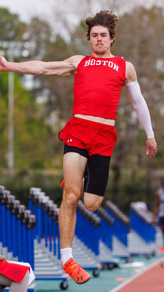 Ryan Rosenberger (Questrom’25) at the long jump event at the Duke Invitational, April 11. The men’s and women’s teams will compete for the Patriot League Outdoor Championship this weekend in Worcester, Mass. Photo by Peyton Williams/BU Athletics