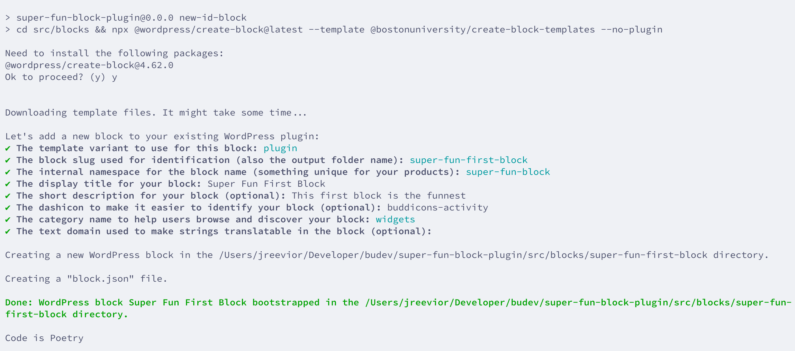 Screenshot of the questions asked to build a new block from 'npm run new-id-block'