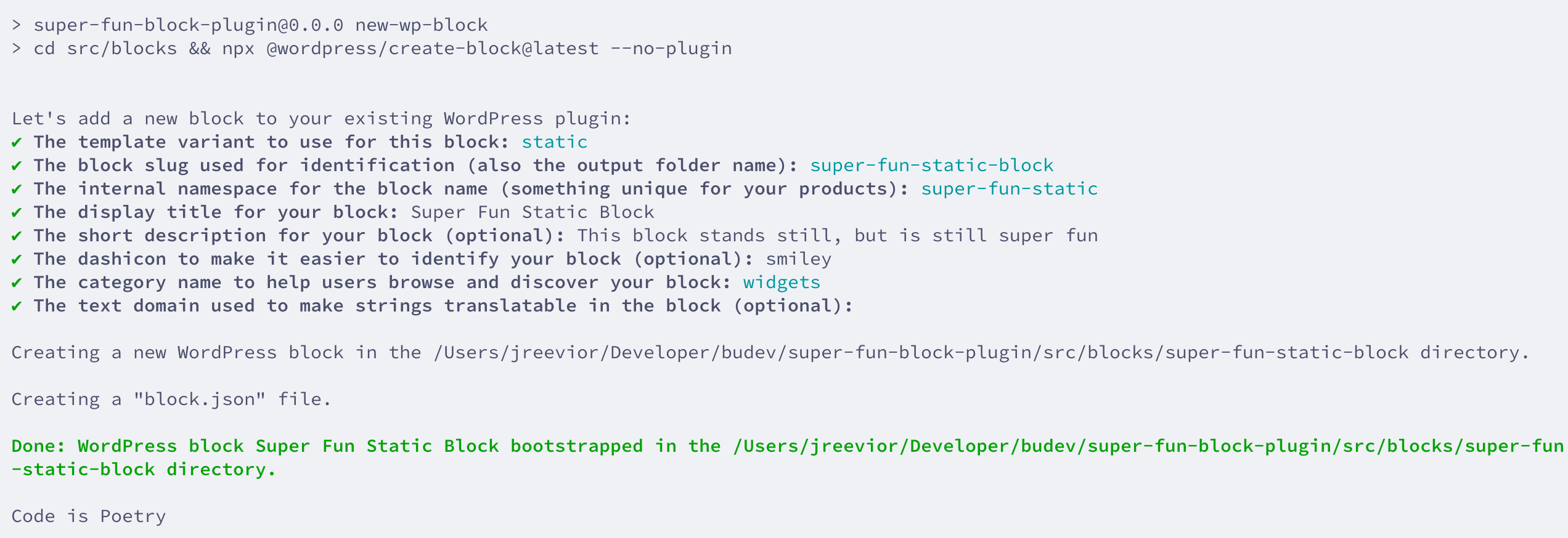 Screenshot of the WordPress default block creation script.